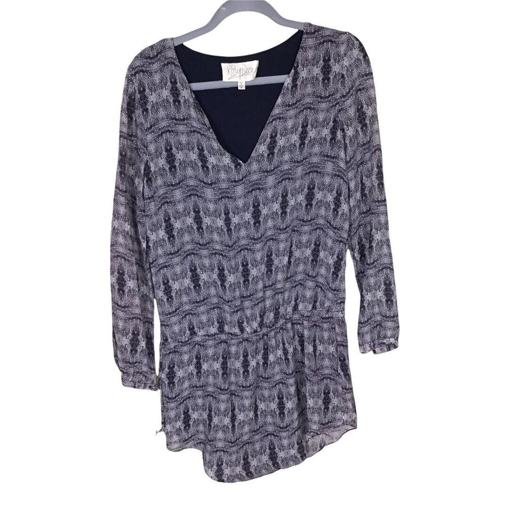 Rory Beca Women 100% Silk Drawstring Tunic Blue and White Sz. Sm Boho,Classic